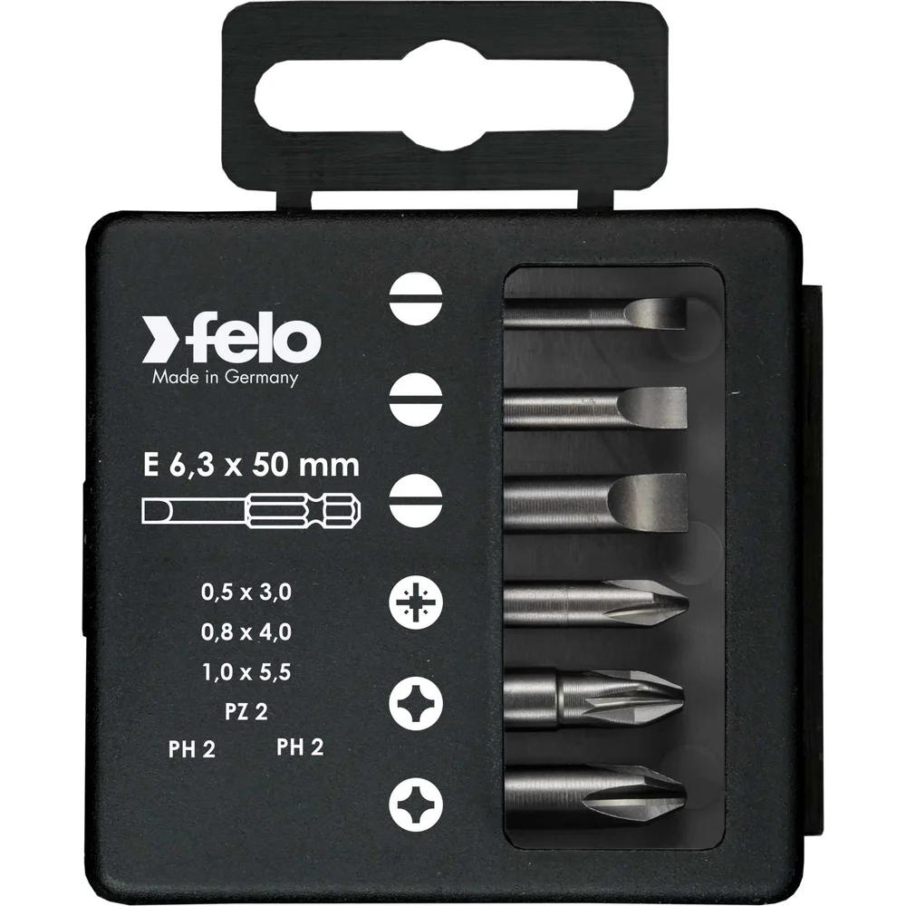 Набор бит шлицевых плоских, PZ2 и PH1-2 50 мм в упаковке, 6 шт Felo 03092516 — детальное фото